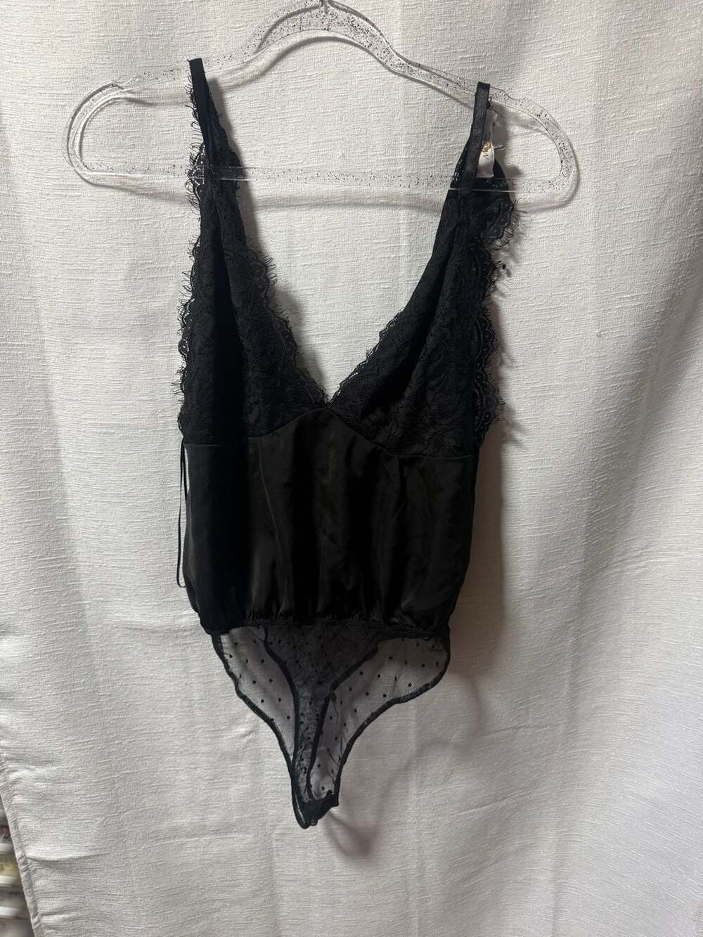 Melograno Rico Black Satin and Eyelash Lace Bodysuit